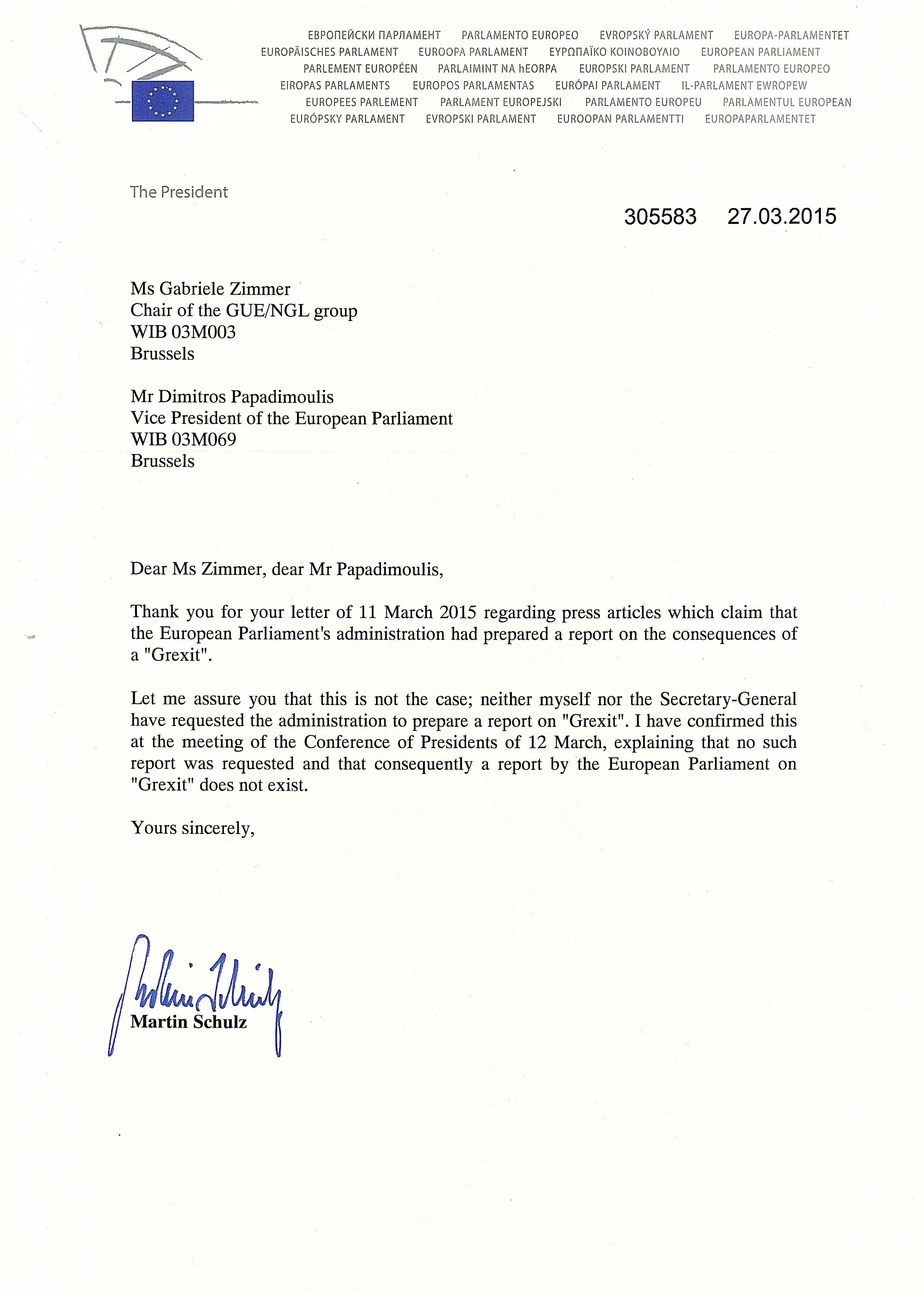 Κατηγορηματική διάψευση Μάρτιν Σουλτς: Δεν ζητήθηκε ποτέ, ούτε υφίσταται έκθεση του Ευρωκοινοβουλίου σχετικά με Grexit -  Απαντητική επιστολή του Προέδρου του ΕΚ προς Γκάμπι Τσίμερ και Δημήτρη Παπαδημούλη